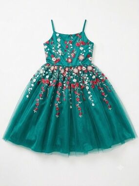 Chasing Fireflies Emerald Green Floral Embroidered Tulle Dress